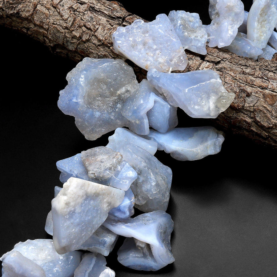 Large Freeform Natural Blue Chalcedony Geode Slice Druzy Drusy Beads Top Side Drilled Blue Lace Agate 16" Strand