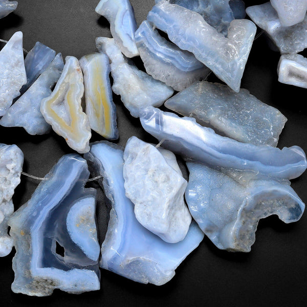 Large Freeform Natural Blue Chalcedony Geode Slice Druzy Drusy Beads Top Side Drilled Blue Lace Agate A1 16" Strand