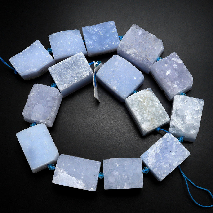 Rare Natural Blue Chalcedony Druzy Drusy Beads Hand Cut Rectangle Vertically Drilled Sparkling Crystal Beads 15.5" Full Strand