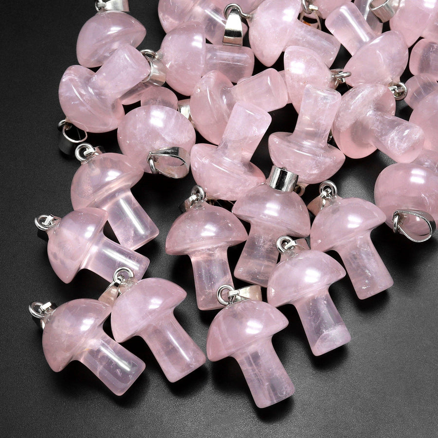 AAA Natural Pink Rose Quartz Gemstone Mushroom Pendant Natural Crystal Focal Bead