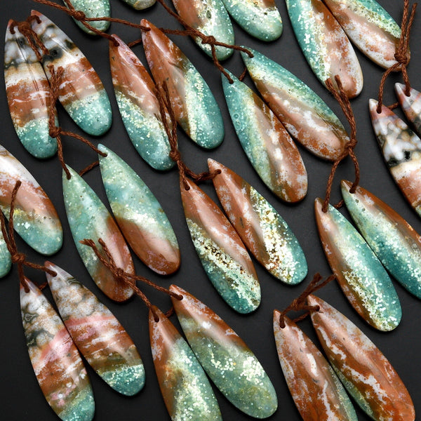 Drilled Natural Ocean Jasper Earring Pair Matched Teardrop Gemstone Beads Teal Green Brown