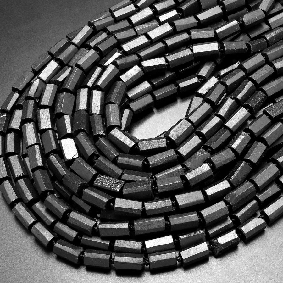 Genuine Natural Shungite Tube Beads High Quality Black Lustrous Gemstone from Russia 15.5" Strand
