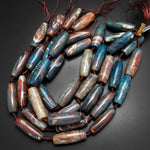 Large Aqua Terra Agate Barrel Drum Cylinder Tube 40mm Beads Antique Boho Beads 15.5" Strand