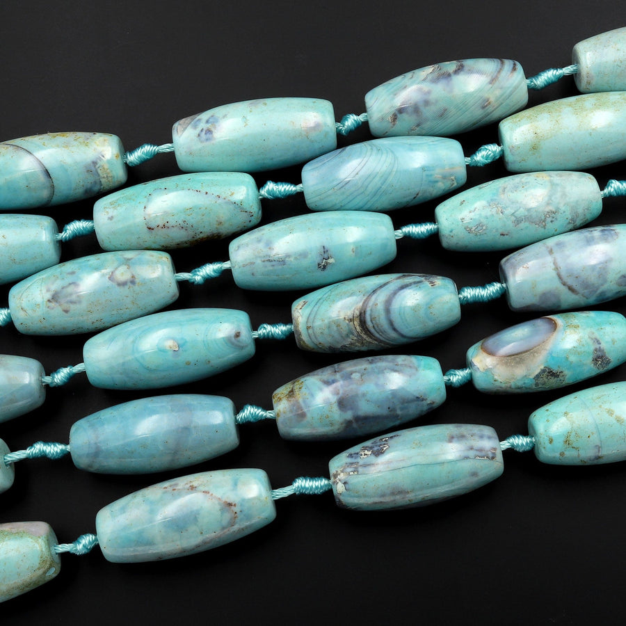 Large Aqua Blue Terra Agate Barrel Drum Cylinder Tube 40mm Beads Antique Boho Beads 15.5" Strand