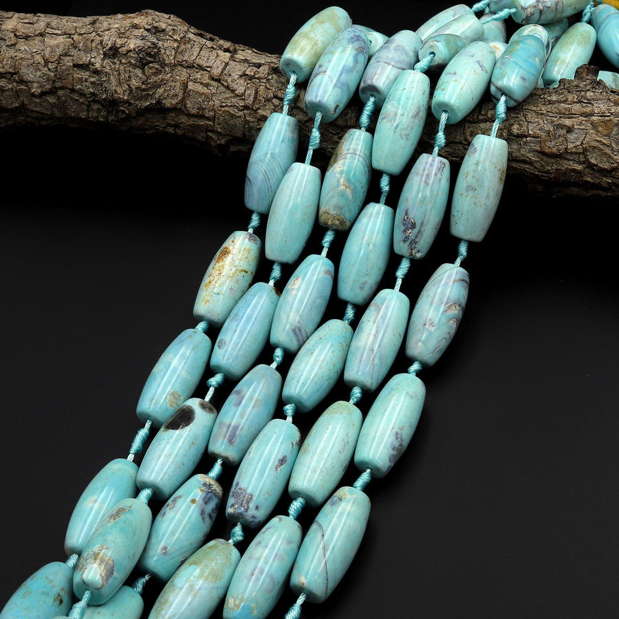 Large Aqua Blue Terra Agate Barrel Drum Cylinder Tube 40mm Beads Antique Boho Beads 15.5" Strand