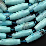 Long Aqua Blue Terra Agate Barrel Drum Cylinder Tube 40mm Beads Antique Boho Beads 15.5" Strand