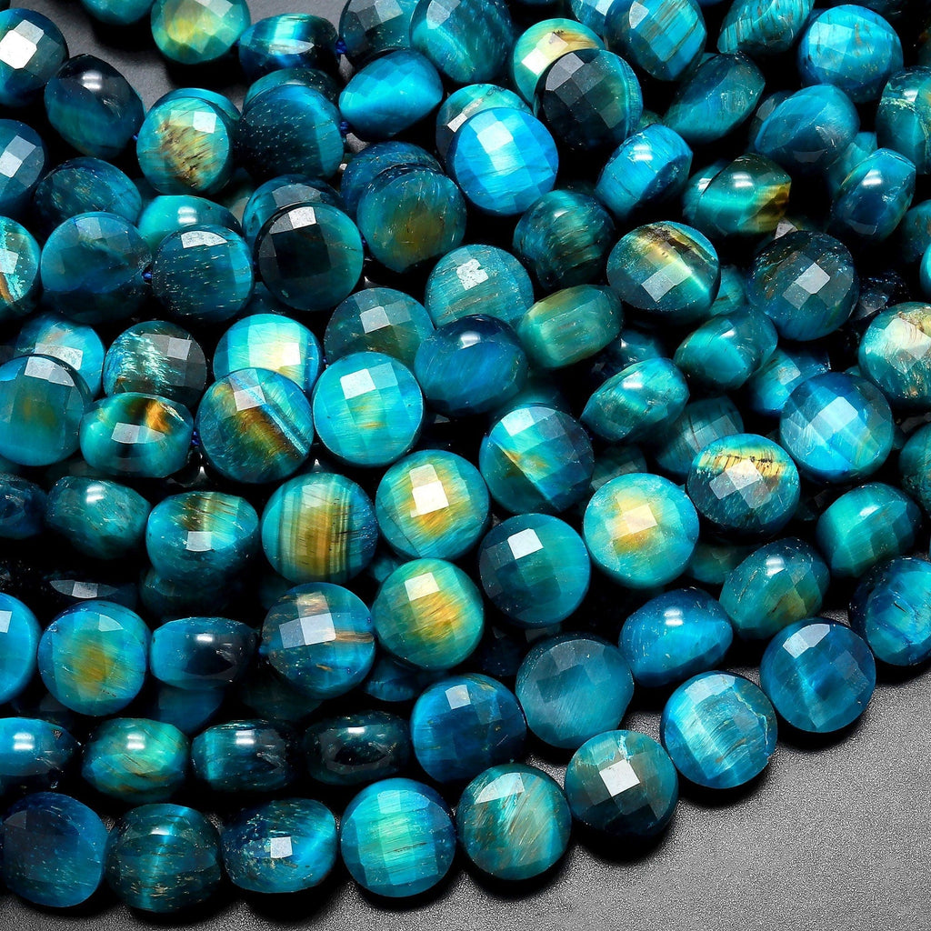 AAA Mystic Blue Tiger's Eye 6mm 8mm 10mm Faceted Coin Beads 15.5" Strand