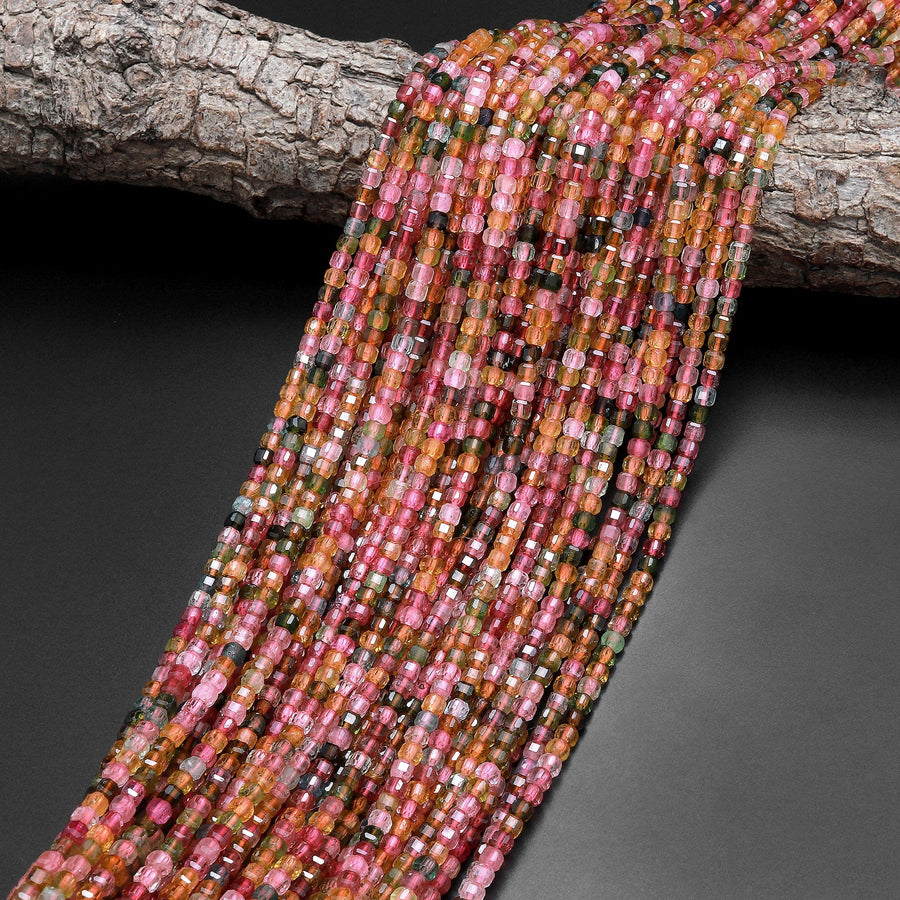 AAA Natural Multicolor Pink Cognac Tourmaline Facetet 3mm Cube Square Dice Beads Gemstone 15.5" Strand