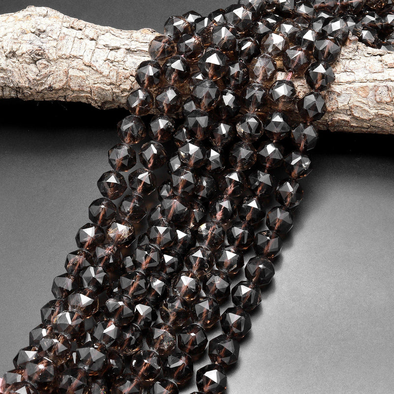 Large Genuine Natural Smoky Quartz Beads Faceted 12mm Round Gemstone New Double Hearted Star Cut 15.5" Strand