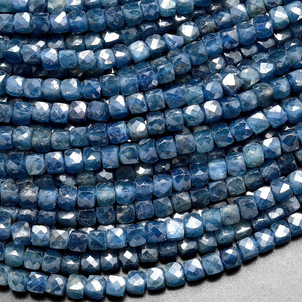 AAA Natural Burma Blue Sapphire Faceted 4mm Cube Beads 15.5" Strand