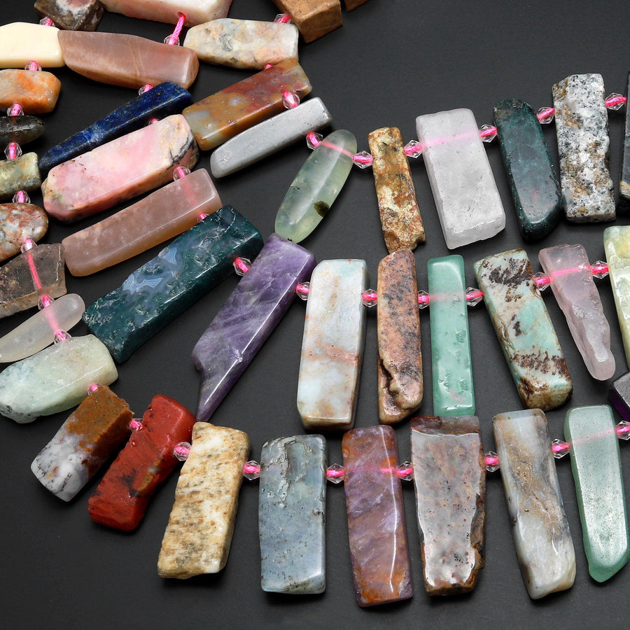 Natural Multicolor Gemstone Rectangle Beads Spike Stick Slice Focal Pendant Cleopatra Style Fan Shaped 15.5" Strand