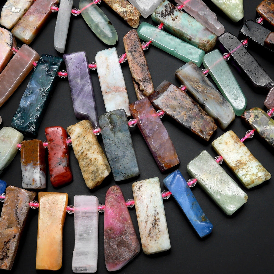 Natural Multicolor Gemstone Rectangle Beads Spike Stick Slice Focal Pendant Cleopatra Style Fan Shaped 15.5" Strand