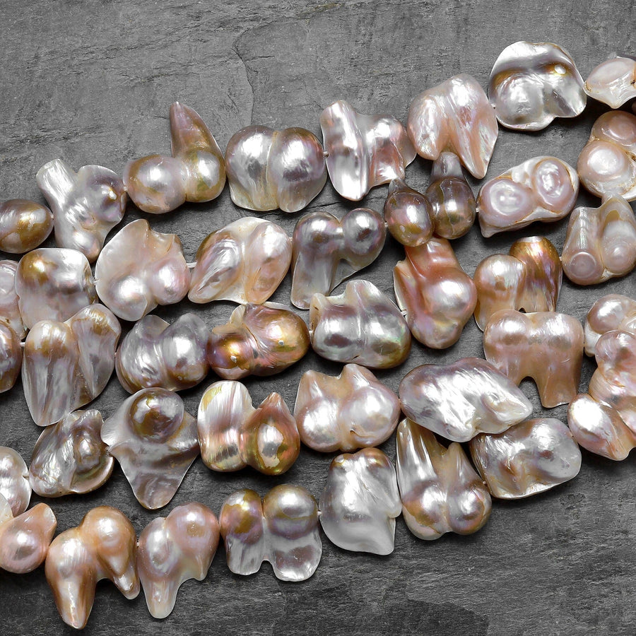 Large Genuine Freshwater Blister Pearl Freeform Center Side Drilled Shimmery Iridescent Golden Champagne Taupe Pearl 15.5" Strand