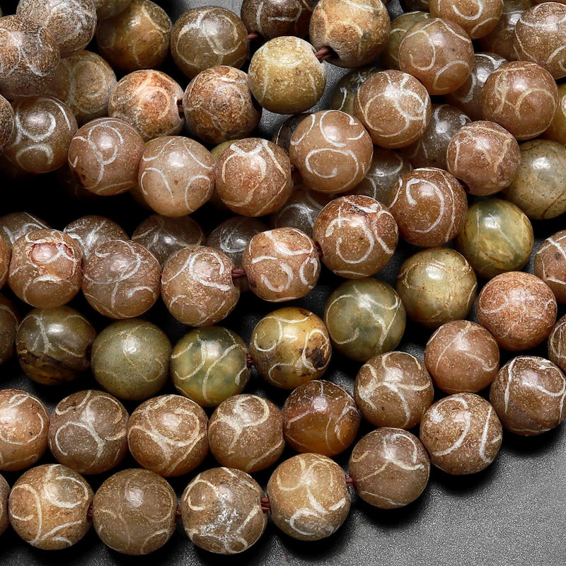 Hand Carved Natural Soochow Jade 8mm Round Beads Antique Looking 15.5" Strand