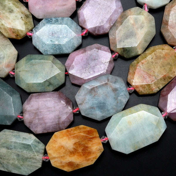 Large Aquamarine Morganite Faceted Slab Cushion Rectangle Pendant Beads 15.5" Strand