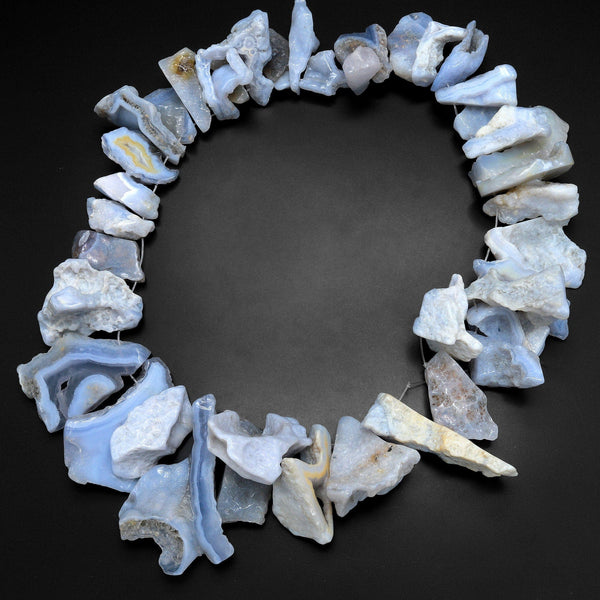 Large Freeform Natural Blue Chalcedony Geode Slice Druzy Drusy Beads Top Side Drilled Blue Lace Agate 16" Strand