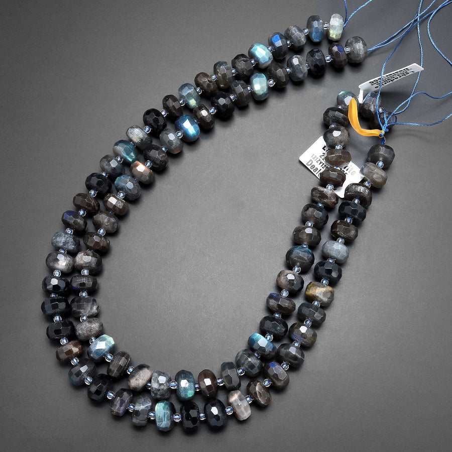 AAA Large Flashy Natural Dark Labradorite Faceted 12mm Rondelle Beads Tons of Rainbow Fire 15.5" Strand Strand