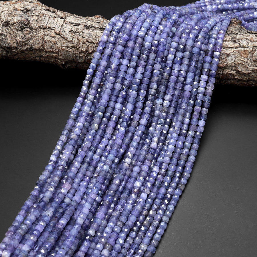 AA Faceted Natural Tanzanite 4mm Cube Beads Purple Blue Gemstone 15.5" Strand