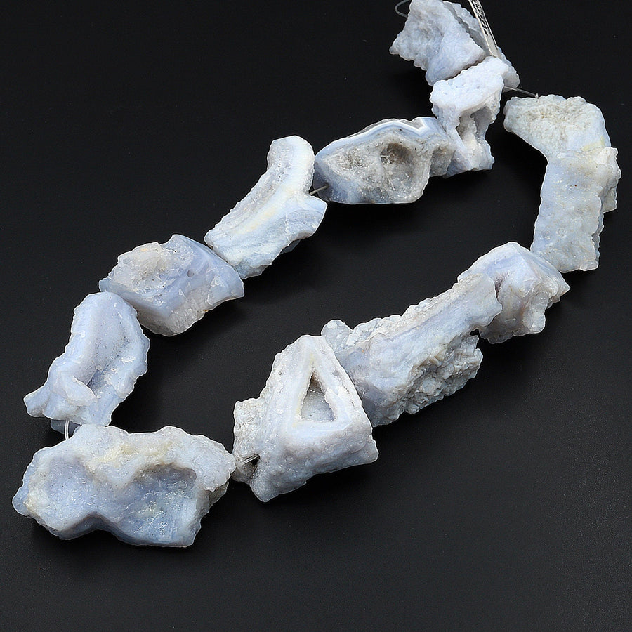 Large Freeform Natural Blue Chalcedony Geode Slice Druzy Drusy Beads Blue Lace Agate 15.5" Strand