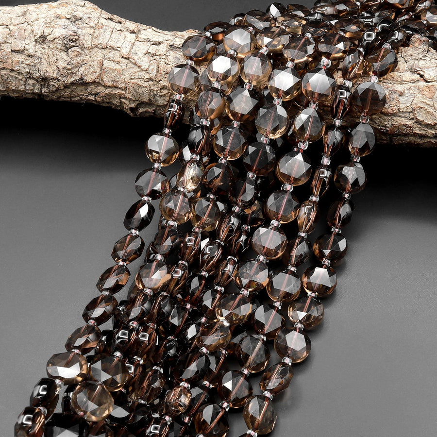 Faceted Natural Smoky Quartz Coin Beads 12mm Flat Disc Dazzling Micro Diamond Cut Gemstone 15.5" Strand