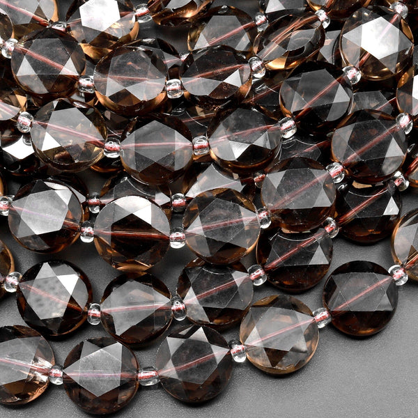 Faceted Natural Smoky Quartz Coin Beads 12mm Flat Disc Dazzling Micro Diamond Cut Gemstone 15.5" Strand