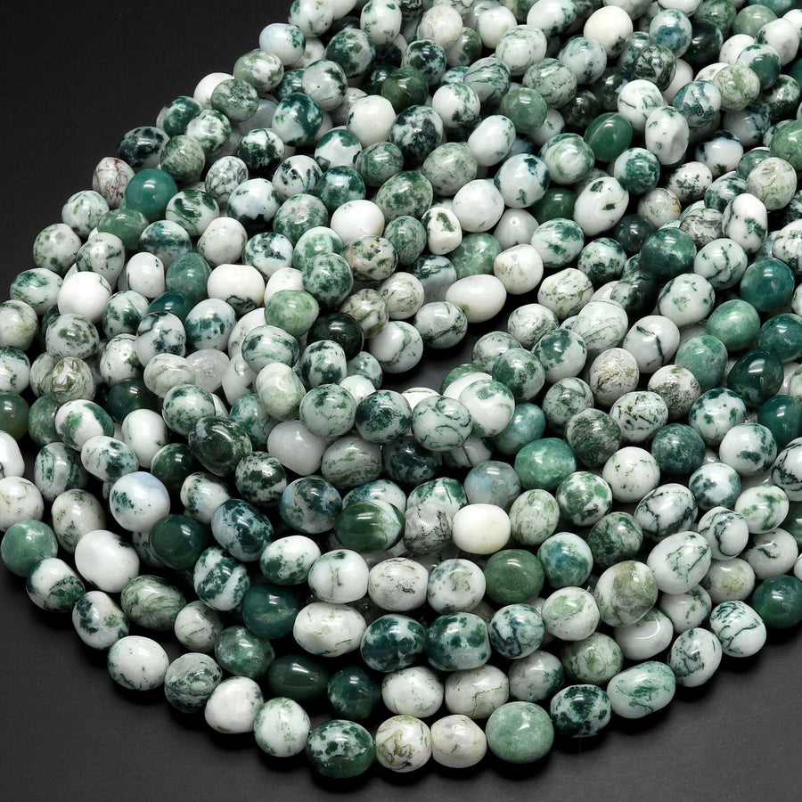 Natural Green Tree Agate Freeform Pebble Nugget Beads Gemstone 15.5" Strand