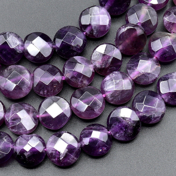 Faceted 8mm Dark Purple Amethyst Coin Beads Flat Disc Dazzling Facets Natural Gemstone 15.5" Strand