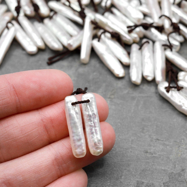 AAA White Biwa Stick Pearl Long Rectangle Thin Tube Earrings Genuine Natural Freshwater Pearl Matched Gemstone Pair