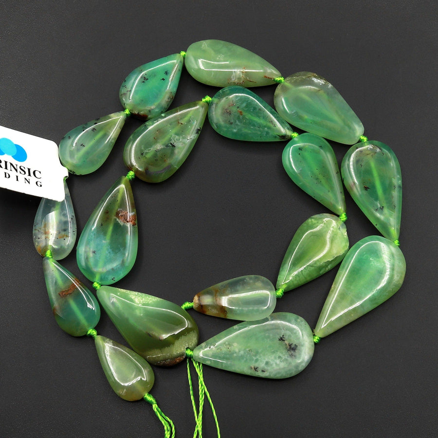 Gemmy Green Color~ Natural Australian Chrysoprase Teardrop Beads Focal Pendant Vertically Drilled Gemstone A2 15.5" Strand