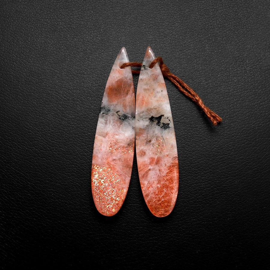 Drilled Natural Orange Sunstone Earring Pair Matched Teardrop Gemstone Beads W/ Dendritic Black Hematite Inclusion