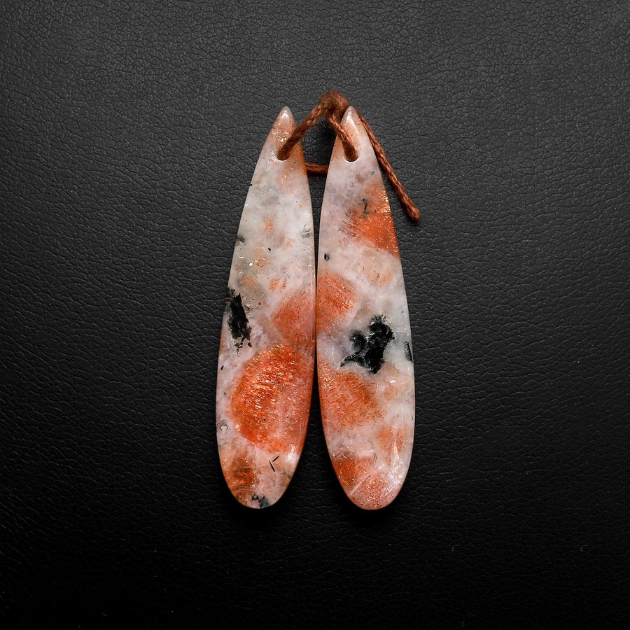 Drilled Natural Orange Sunstone Earring Pair Matched Teardrop Gemstone Beads W/ Dendritic Black Hematite Inclusion