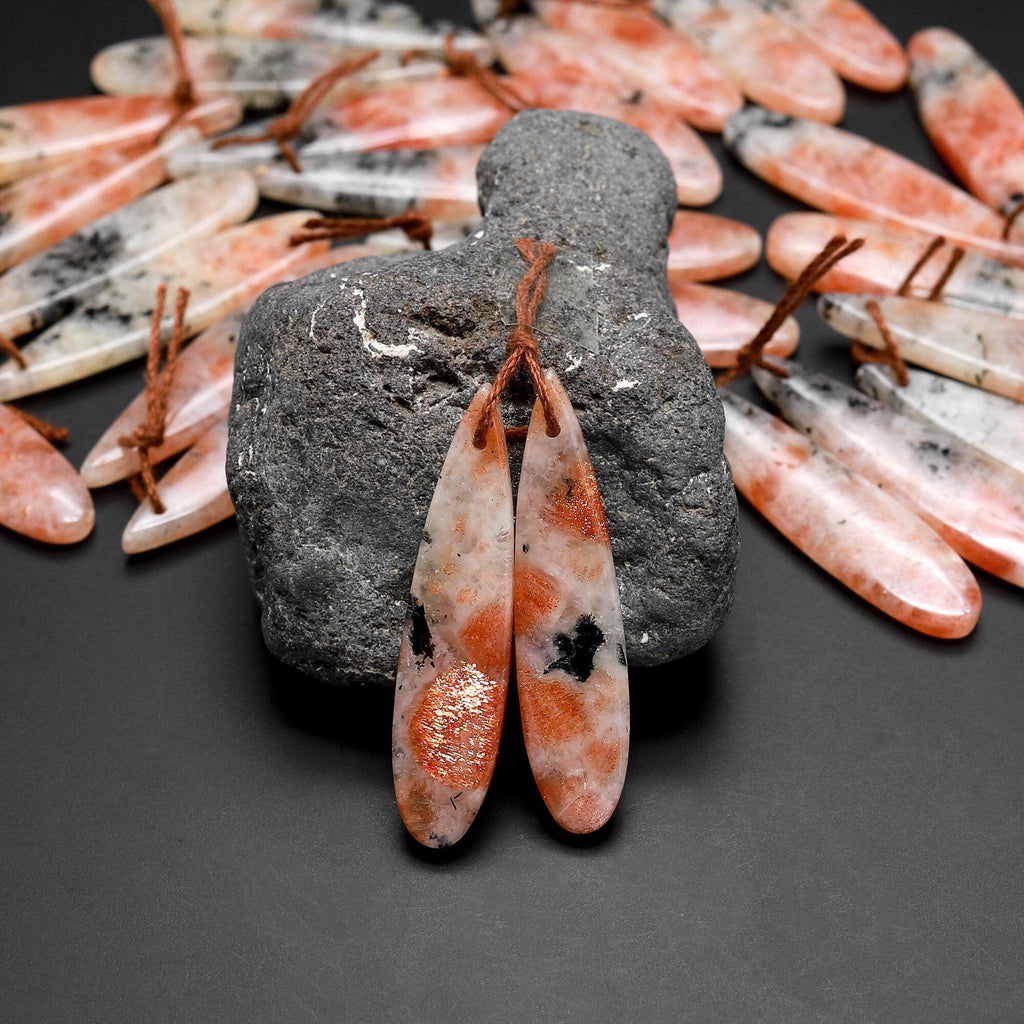 Drilled Natural Orange Sunstone Earring Pair Matched Teardrop Gemstone Beads W/ Dendritic Black Hematite Inclusion