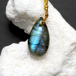 Small Natural Labradorite Puffy Teardrop Pendant Bead Tones of Blue Green Gold Flashes