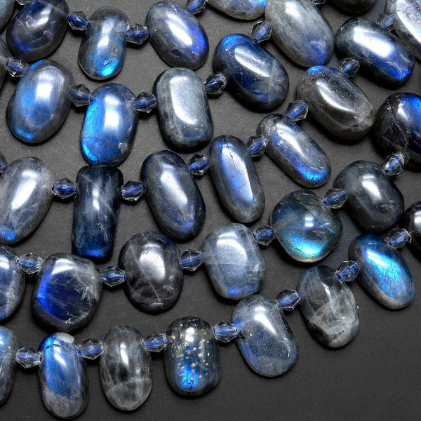 Natural Blue Labradorite Beads Oval Beads Top Side Drilled Tons of Dark Blue Flashes 15.5" Strand