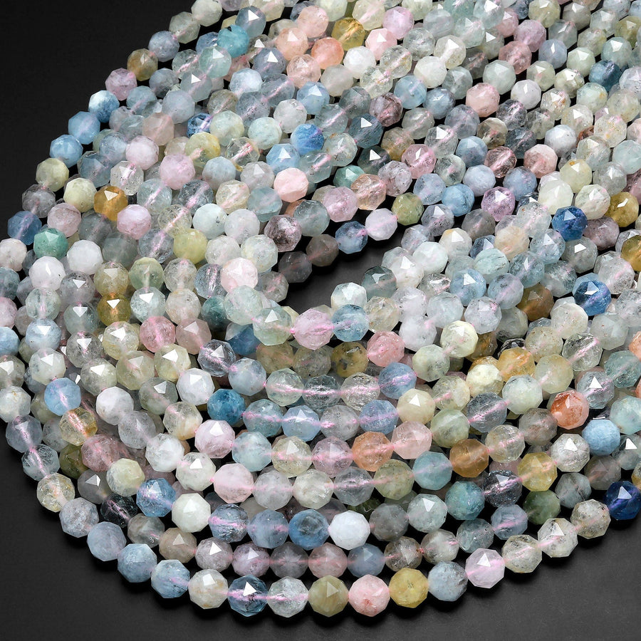 AAA Translucent Faceted Pink Morganite Blue Green Aquamarine 8mm Round Beads Double Hearted Gemstone 15.5" Strand