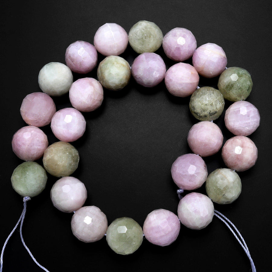 Rare Natural Green Lilac Purple Kunzite Round Beads Faceted 15mm Gemstone 15.5" Strand