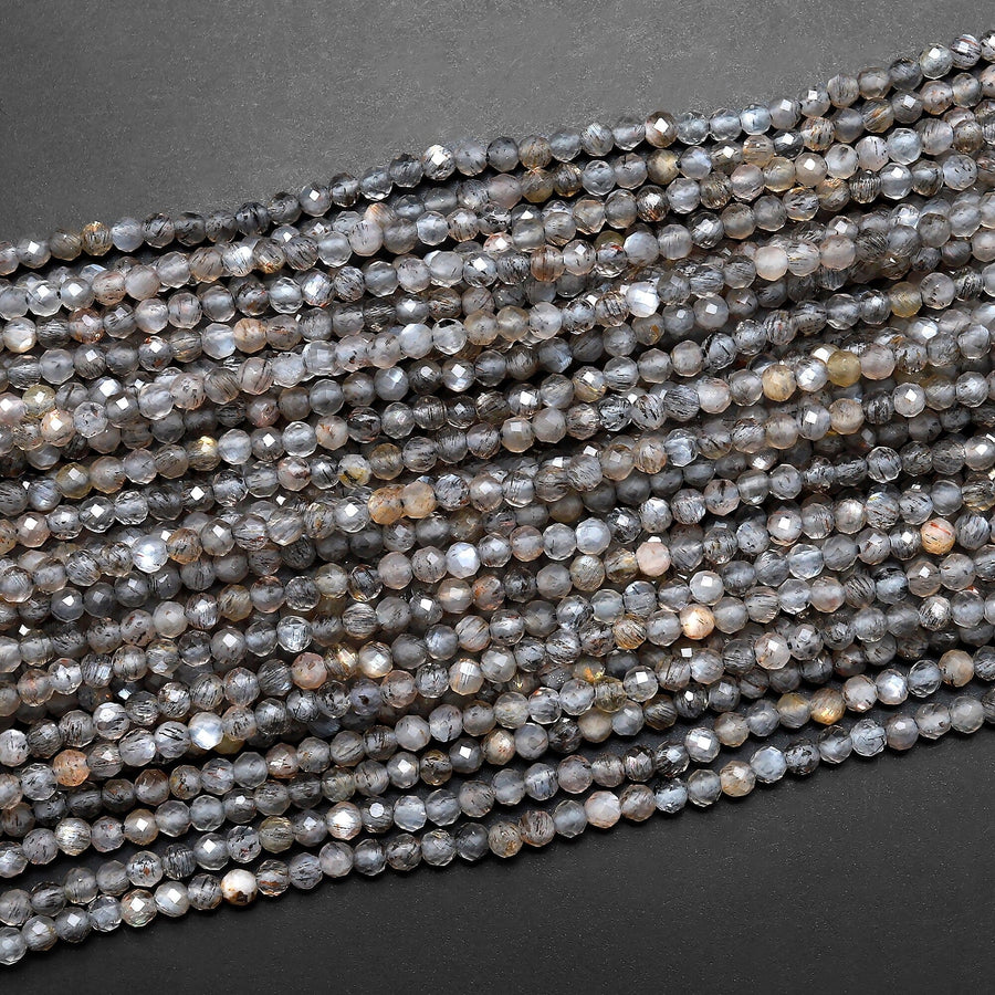 Micro Faceted Natural Black Sunstone Round Beads 2mm Sparkling Diamond Cut Gemstone 15.5" Strand