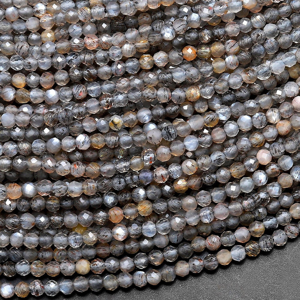 Micro Faceted Natural Black Sunstone Round Beads 2mm Sparkling Diamond Cut Gemstone 15.5" Strand