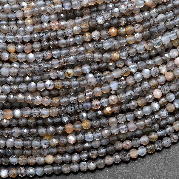 Micro Faceted Natural Black Sunstone Round Beads 2mm Sparkling Diamond Cut Gemstone 15.5" Strand
