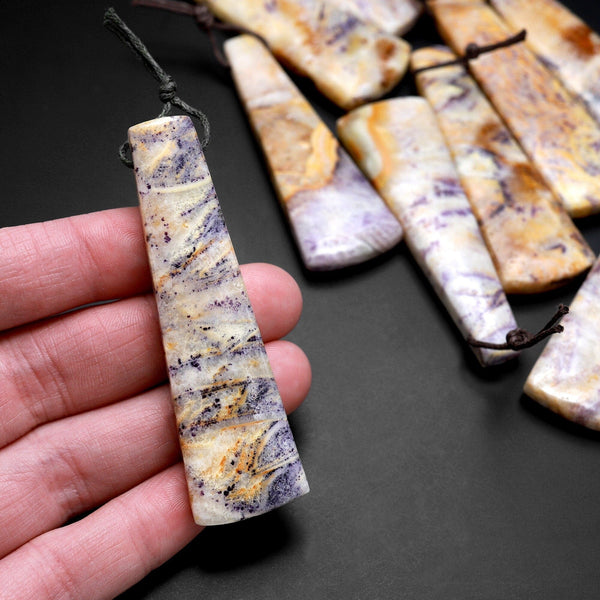 Natural Petrified Yellow Purple Fluorite Pendant Side Drilled Modern Long Trapezoid Shape Focal Bead