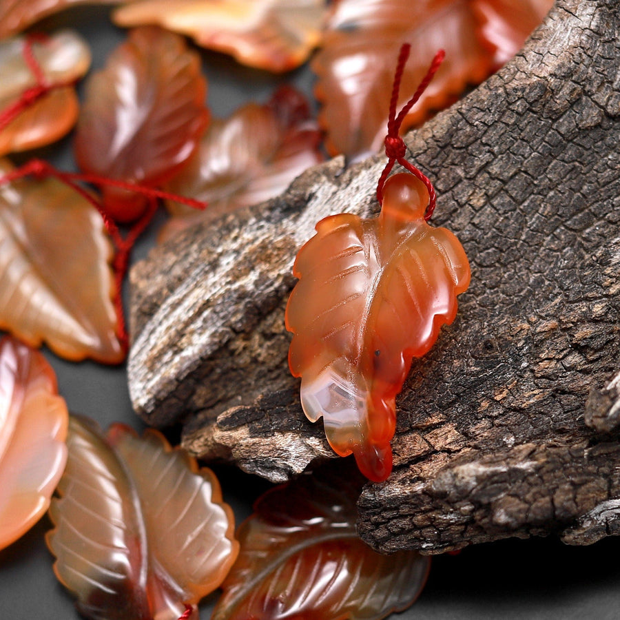 Hand Carved Natural Carnelian Leaf Pendant Bead Drilled Gemstone