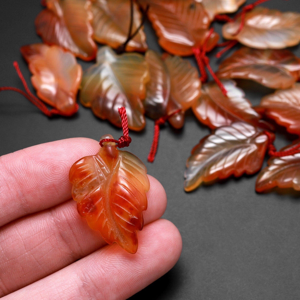 Hand Carved Natural Carnelian Leaf Pendant Bead Drilled Gemstone
