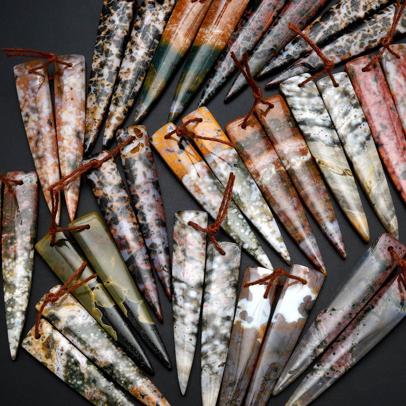 Drilled Ocean Jasper Earring Pair Matched Long Dagger Triangle Gemstone Beads