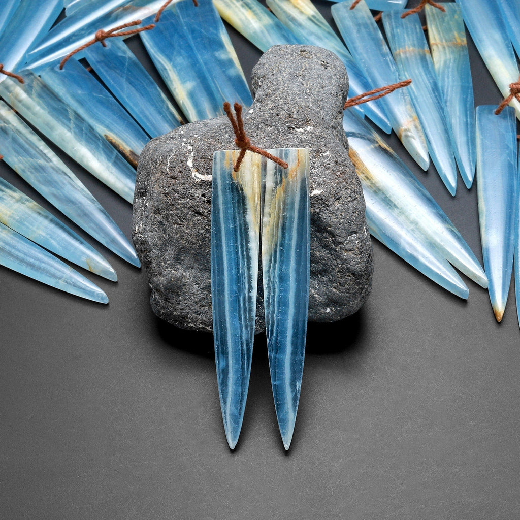 Rare Natural Argentina Lemurian Aquatine Blue Calcite Earring Pairs Cabochon Dagger Long Modern Triangle Shape Drilled Matched Bead