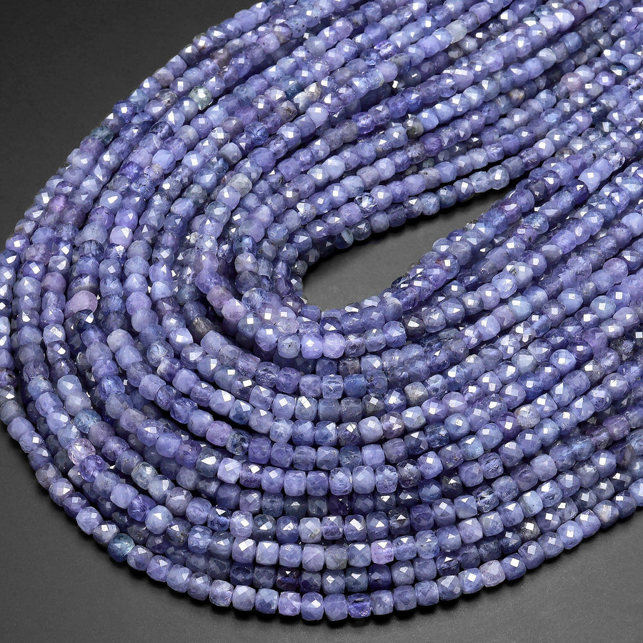 AA Faceted Natural Tanzanite 4mm Cube Beads Purple Blue Gemstone 15.5" Strand