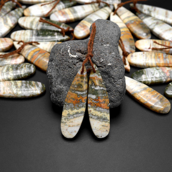 Drilled Natural Ocean Jasper Earring Pair Matched Teardrop Gemstone Beads Green Brown Wave