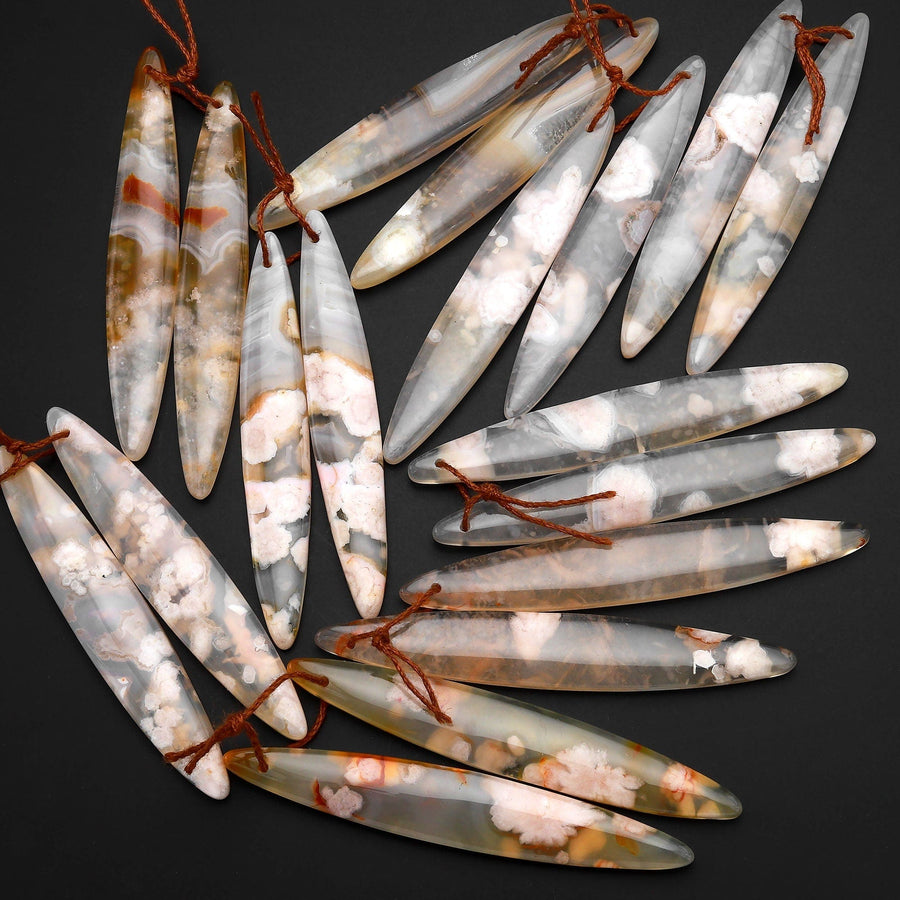 Natural Cherry Blossom Agate Earring Pair Drilled Matched Long Marquise Pair Aka Flower Agate