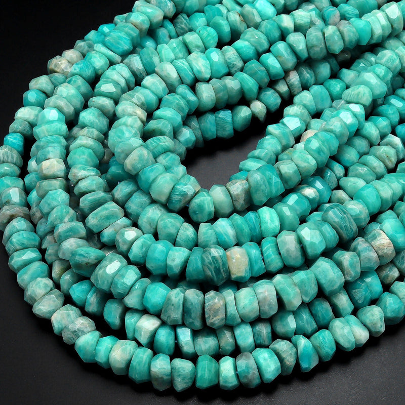 Large Faceted Natural Russian Amazonite Beads Chiseled Freeform 10mm Rondelle Blue Green Gemstone 15.5" Strand