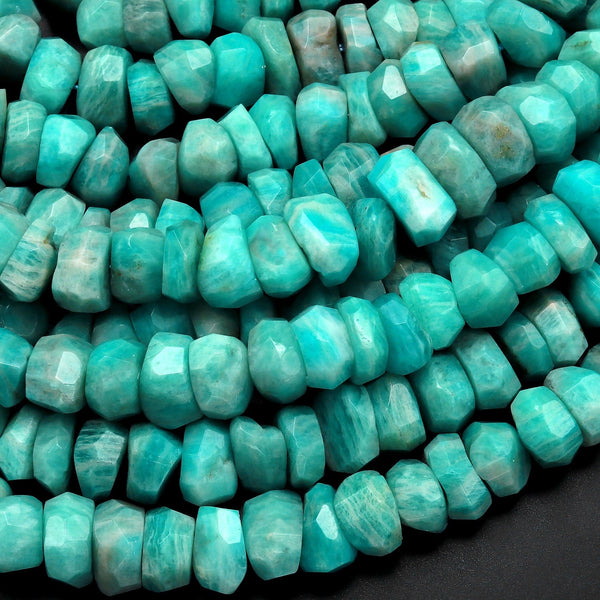 Large Faceted Natural Russian Amazonite Beads Chiseled Freeform 10mm Rondelle Blue Green Gemstone 15.5" Strand