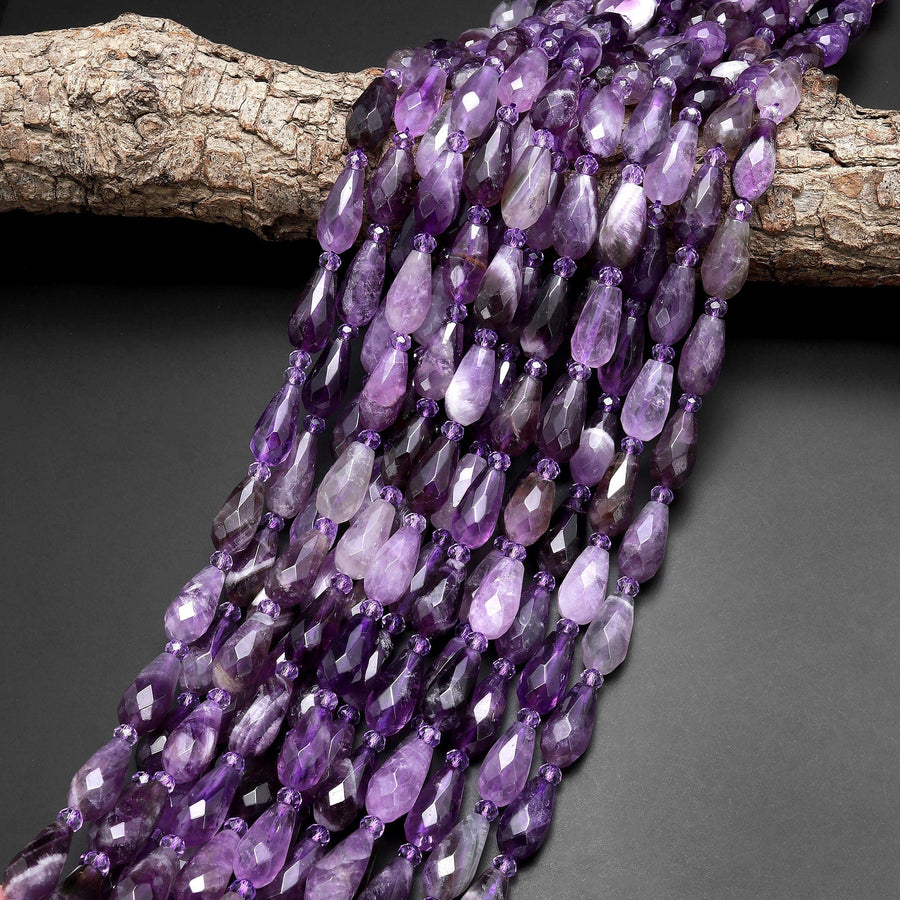 Faceted Natural Purple Amethyst Teardrop Beads Vertically Drilled Gemstone Good for Earrings 15.5" Strand